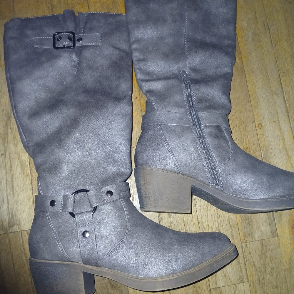 True Craft Square Toe Calf Boots Block Heel Half Zip